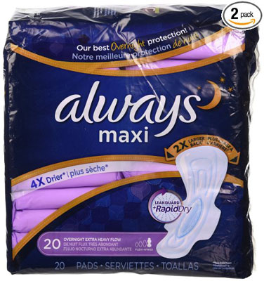 5. Always Maxi Overnight, Unscented Pads 20 Count 