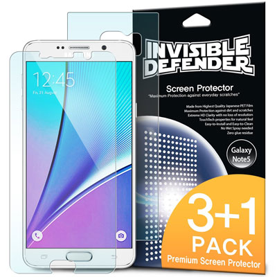 4 Galaxy Note 5 Screen Protector - Invisible Defender [3 Front+1 Back/MAX HD CLARITY] Lifetime Warranty Perfect Touch Precision High Definition (HD) Clarity Film (4-Pack) for Samsung Galaxy Note 5