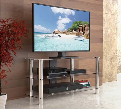 15. Fitueyes Classic Clear Tempered Glass Tv Stand