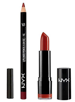 10. 2 NYX Round Lipstick 569 Snow White + Slim Lip Liner 844 Deep Red Set, Best Lip Liner and Lipstick Combination